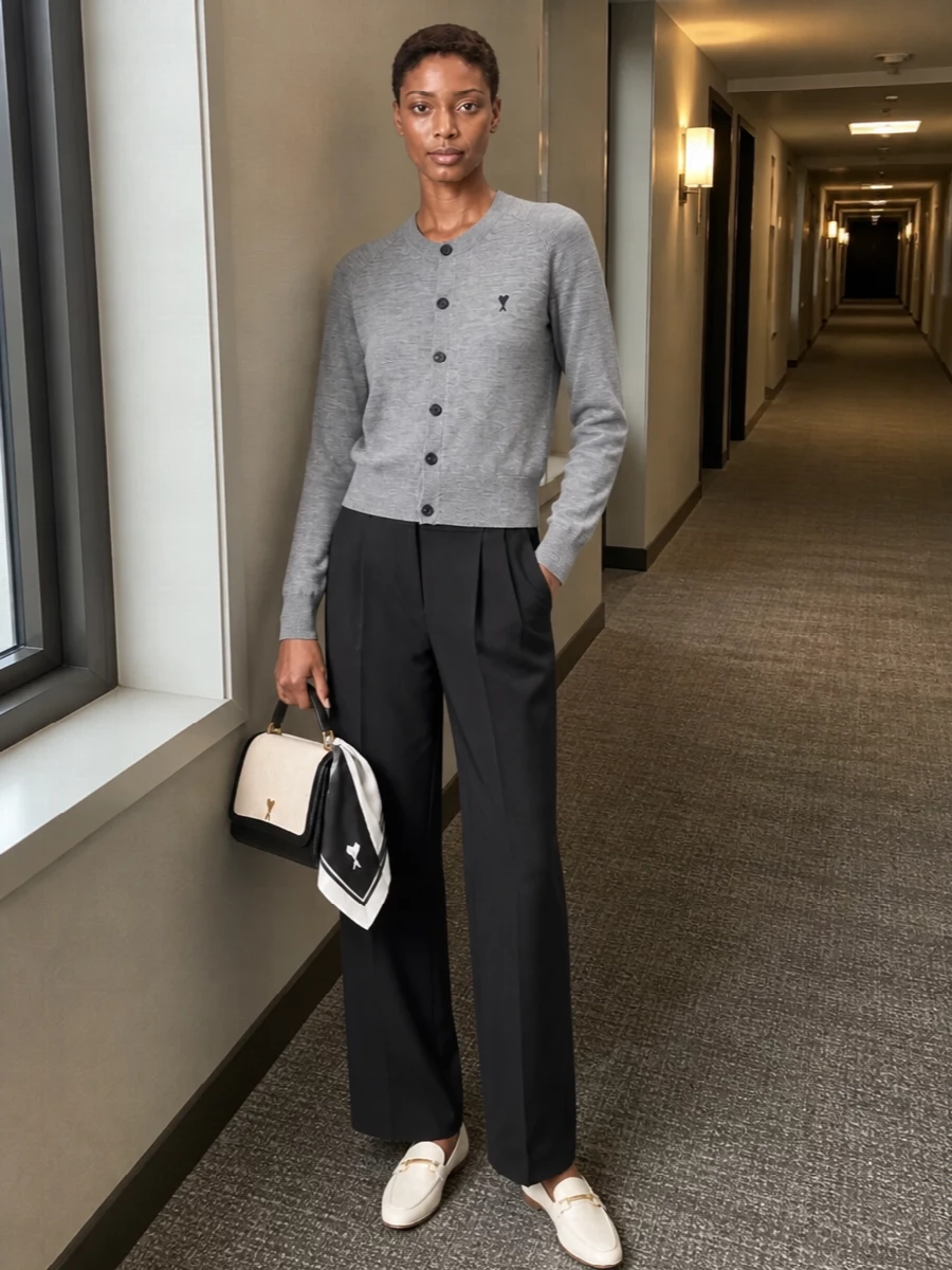 Heather grey and inky black form a clean, Parisian base, with relaxed pleated tailoring grounding the cardigan’s softness. Pale ivory loafers and a cream-trimmed bag keep the palette light, not severe, while the small logo hits stay quietly consistent. The result is an easy, polished outfit that works as well for a low-key office day as it does for a weekend museum visit and late lunch.