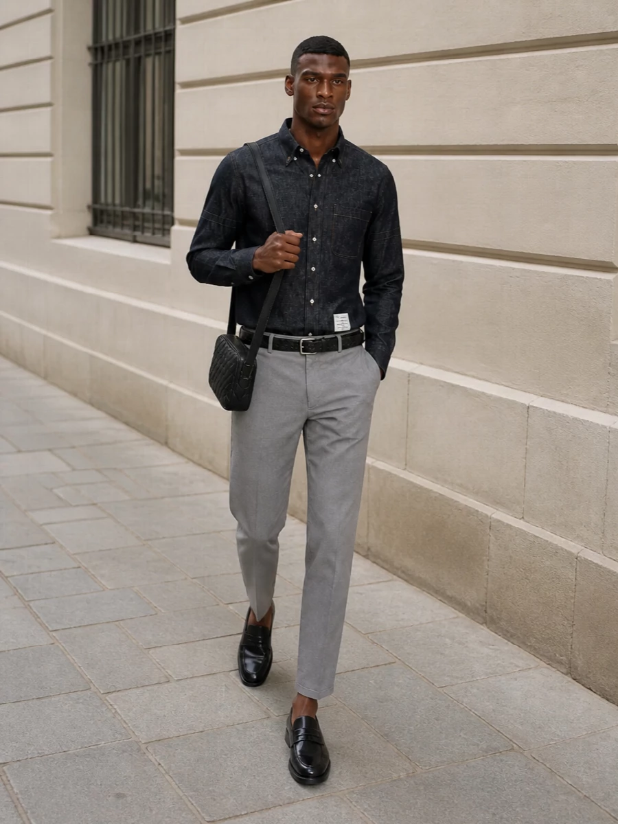 This look pairs the structured charcoal-indigo denim shirt with cool grey ankle-grazer trousers for a crisp, studio-to-dinner uniform that feels tailored yet easy. Black penny loafers, a slim textured belt and a compact intrecciato crossbody refine the silhouette, keeping everything sharp, quiet and resolutely modern in a restrained navy–grey–black palette.