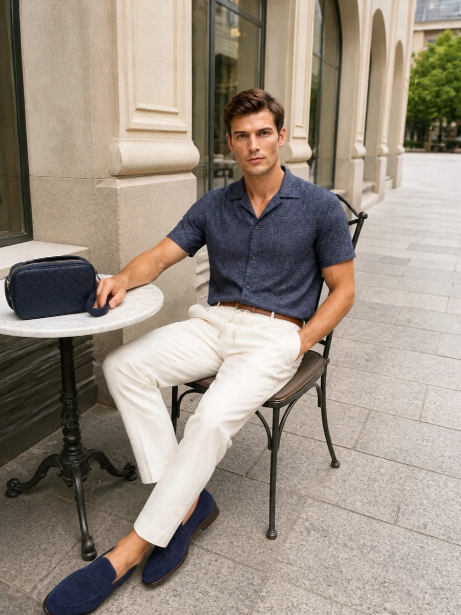 Brioni navy shirt ivory trousers suede loafers