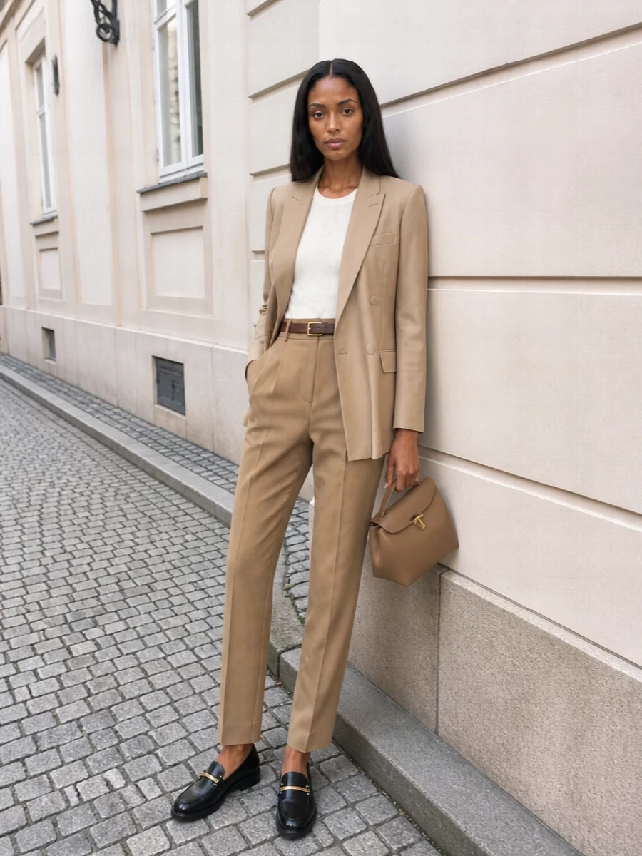 Valentino camel blazer tailored trousers loafers