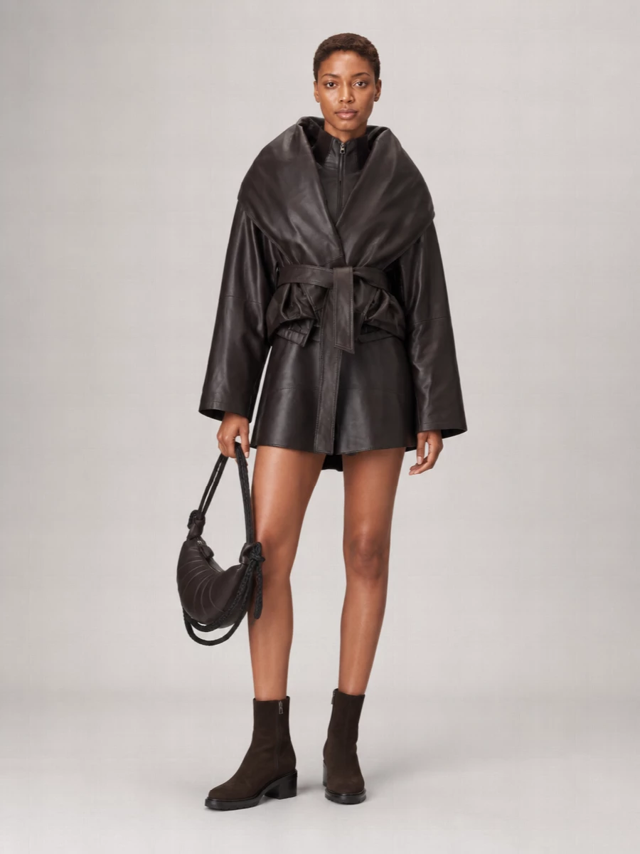 Magda Butrym Leather Belted Shawl Collar Coat