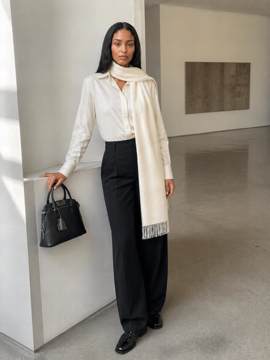 A relaxed ivory Margiela shirt drops into purist black wide-leg tailoring for a clean, elongated line that reads sharp but unforced. Sleek split-toe derbies and a structured top-handle bag keep the silhouette precise and modern, with just enough subversive detail to feel distinctly Margiela. The ivory scarf brings a soft FW layer that lightens the black without disturbing the minimalist palette.