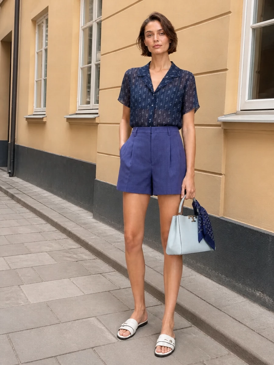 Tory burch navy sheer shirt tailored blue shorts