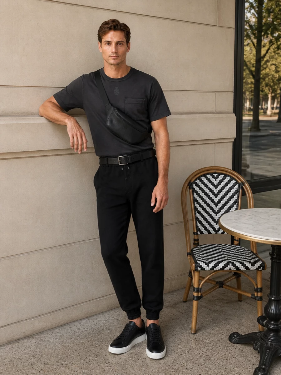 Alexander mcqueen charcoal tee black joggers outfit