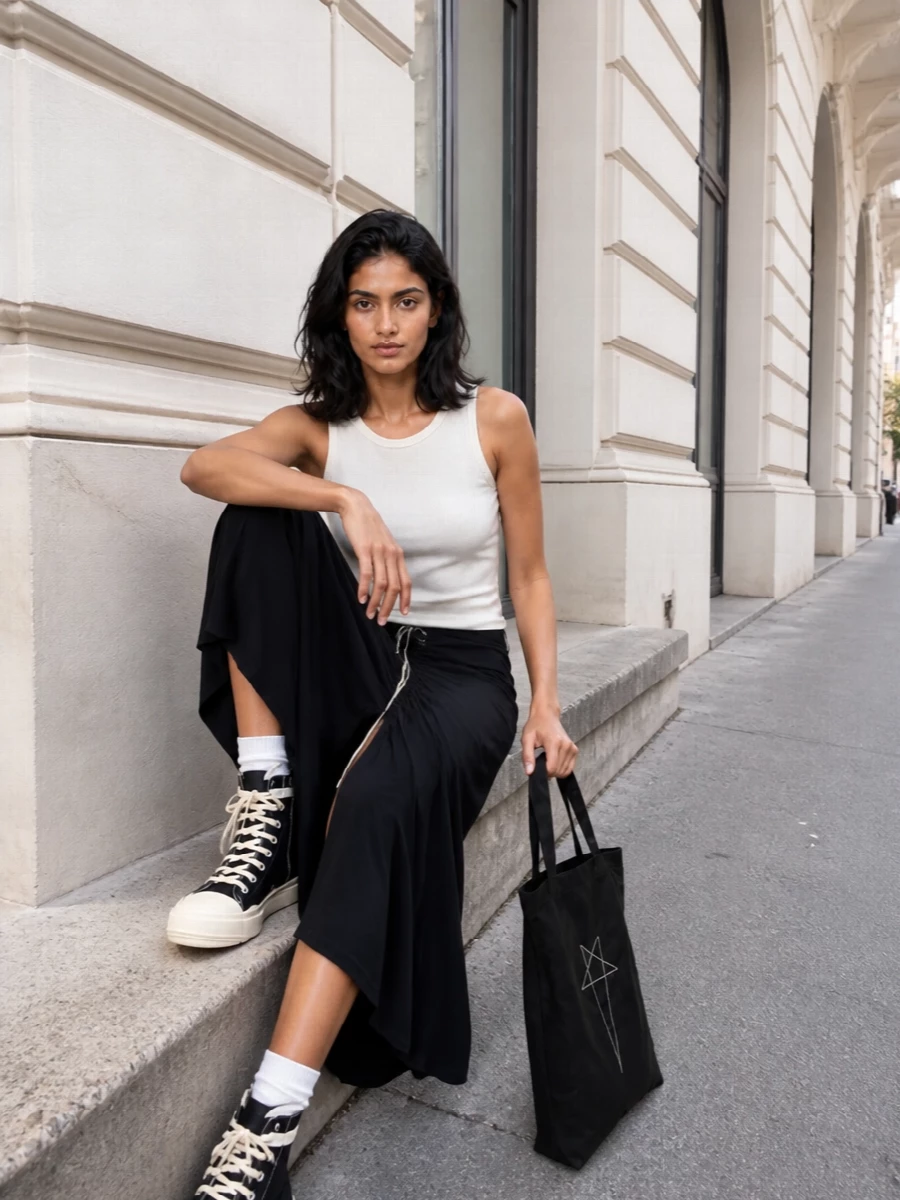 Rick owens tank black maxi skirt sneakers