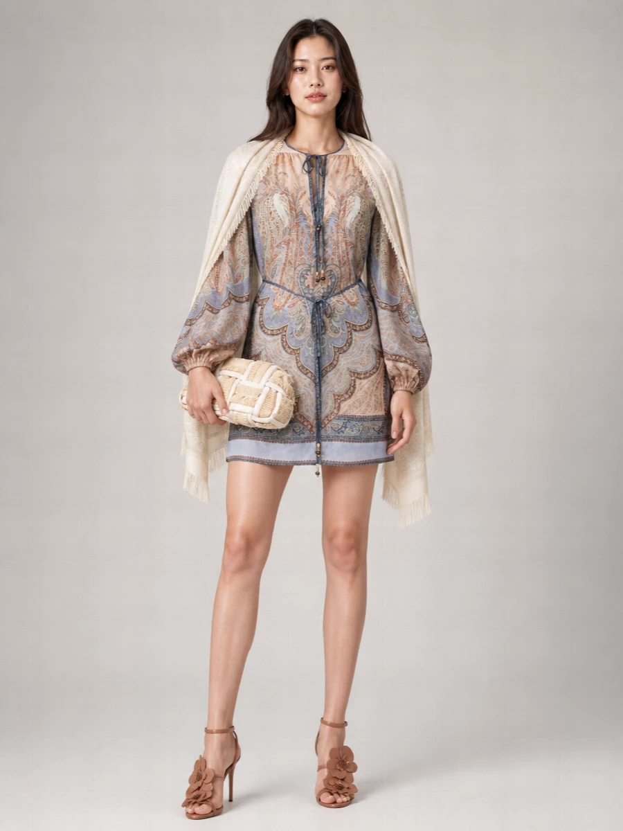 Zimmermann Silk Printed V-Neck Long-Sleeve Mini Dress