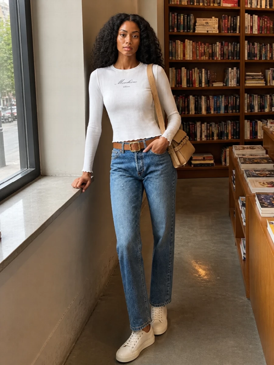 Moschino jeans white top camel leather accessories