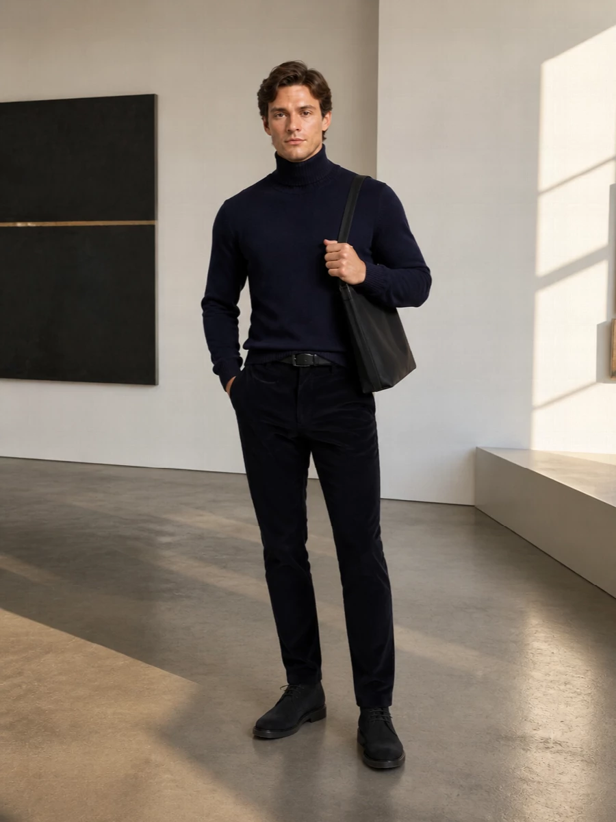 Dondup navy corduroy chinos turtleneck chukka boots