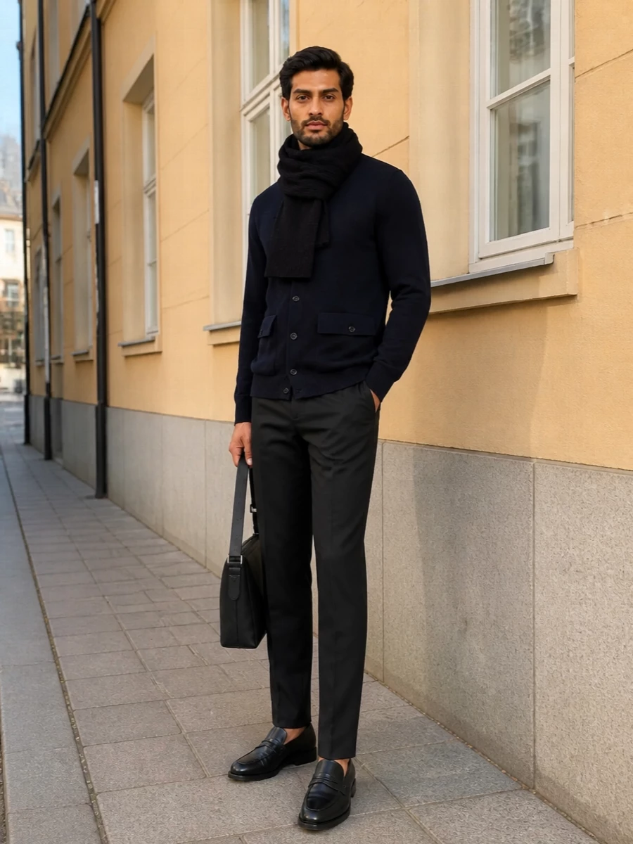 Lardini navy cardigan black tailored trousers