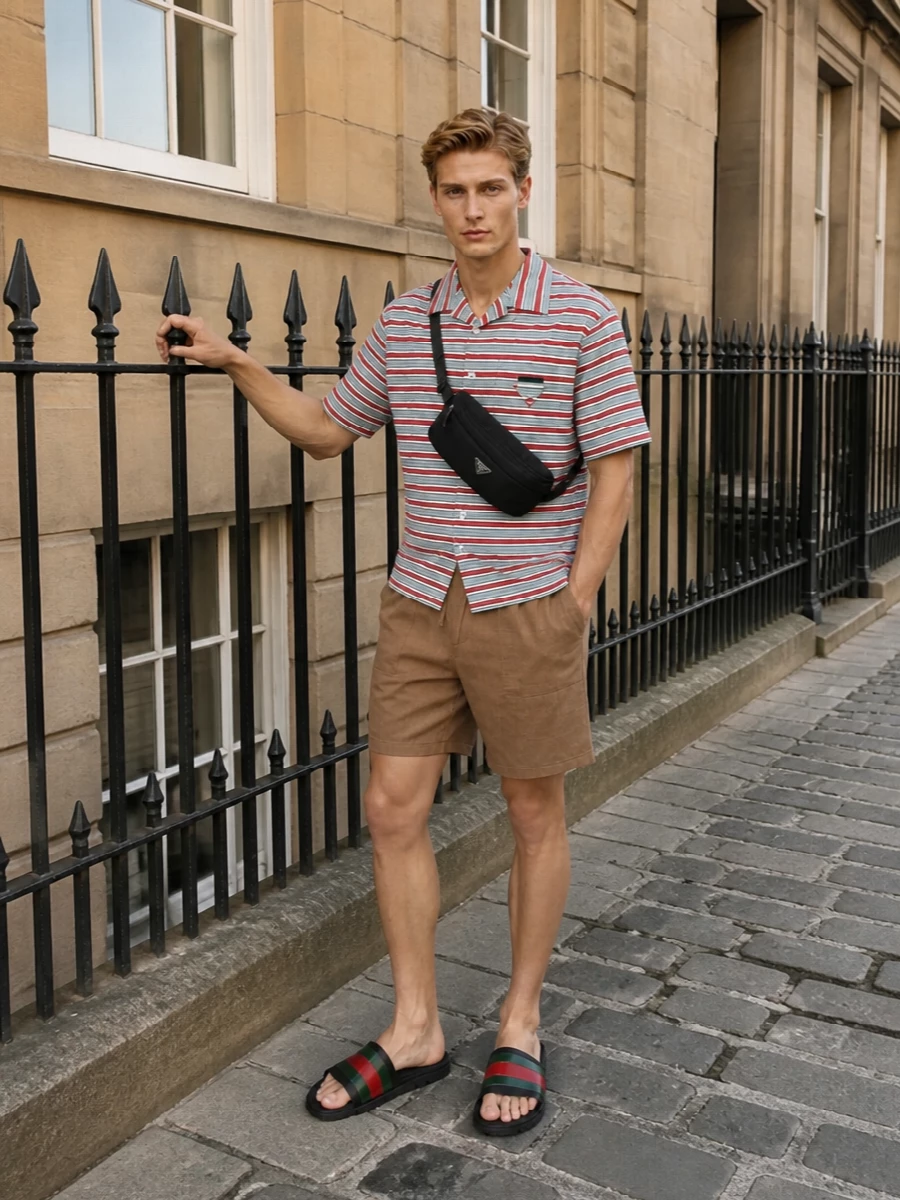 A retro-striped Prada shirt picks up the Gucci slide’s green and red accents, giving the outfit a cohesive Italian preppy energy. Camel Fendi shorts ground the color with quiet structure, while the black Prada crossbody ties back to the slide’s base and keeps the whole combination sharp and easy for off-duty city days or resort terraces.