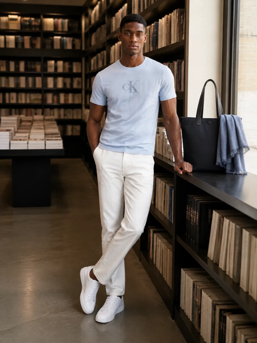 Pale blue and clean white set an easy, considered base, with the logo tee and straight-leg denim keeping the mood minimal and quietly preppy. Crisp white court sneakers keep it feeling sporty but neat, while the navy tote and tonal scarf bring a subtle city polish that still reads off duty.