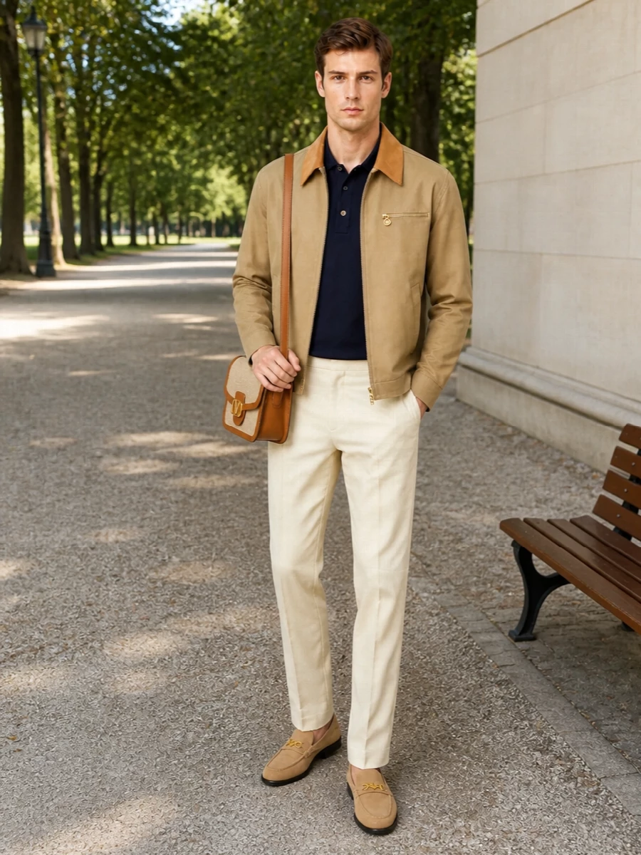 Versace harrington polo cream trousers outfit