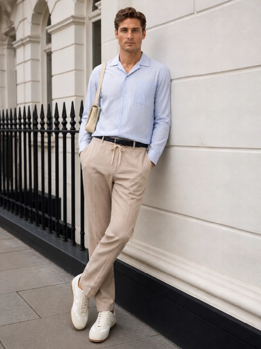 Dries camp shirt beige drawstring pants outfit