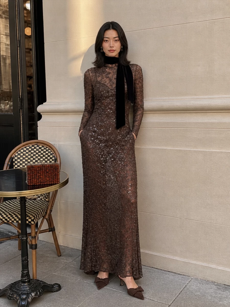 Self portrait brown lace gown mach mach heels