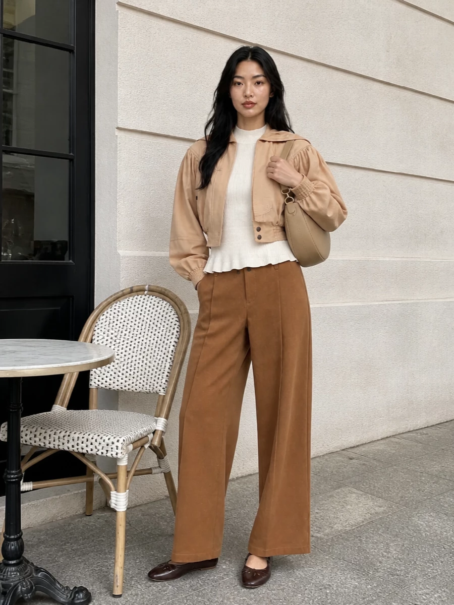 Chloe puff sleeve jacket camel wide leg trousers