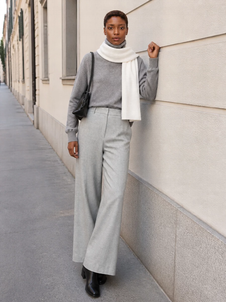 A heather-grey turtleneck meets fluid light-grey tailoring for a column of soft, precise volume. Black leather boots and a slim shoulder bag introduce quiet contrast, keeping the palette cool and restrained while the proportions stay long, relaxed and considered. An ivory knit scarf brings just a touch of warmth and brightness without disturbing the calm, minimal mood.