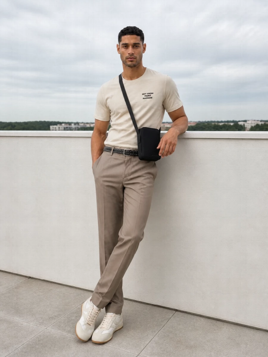 Taupe chinos meet a sand logo tee for a calm, tonal take on streetwear that still feels considered. Off white retro runners keep everything light on the eye and on the foot, while a slim black crossbody and discreet studded belt sharpen the outline without fighting the neutral palette.