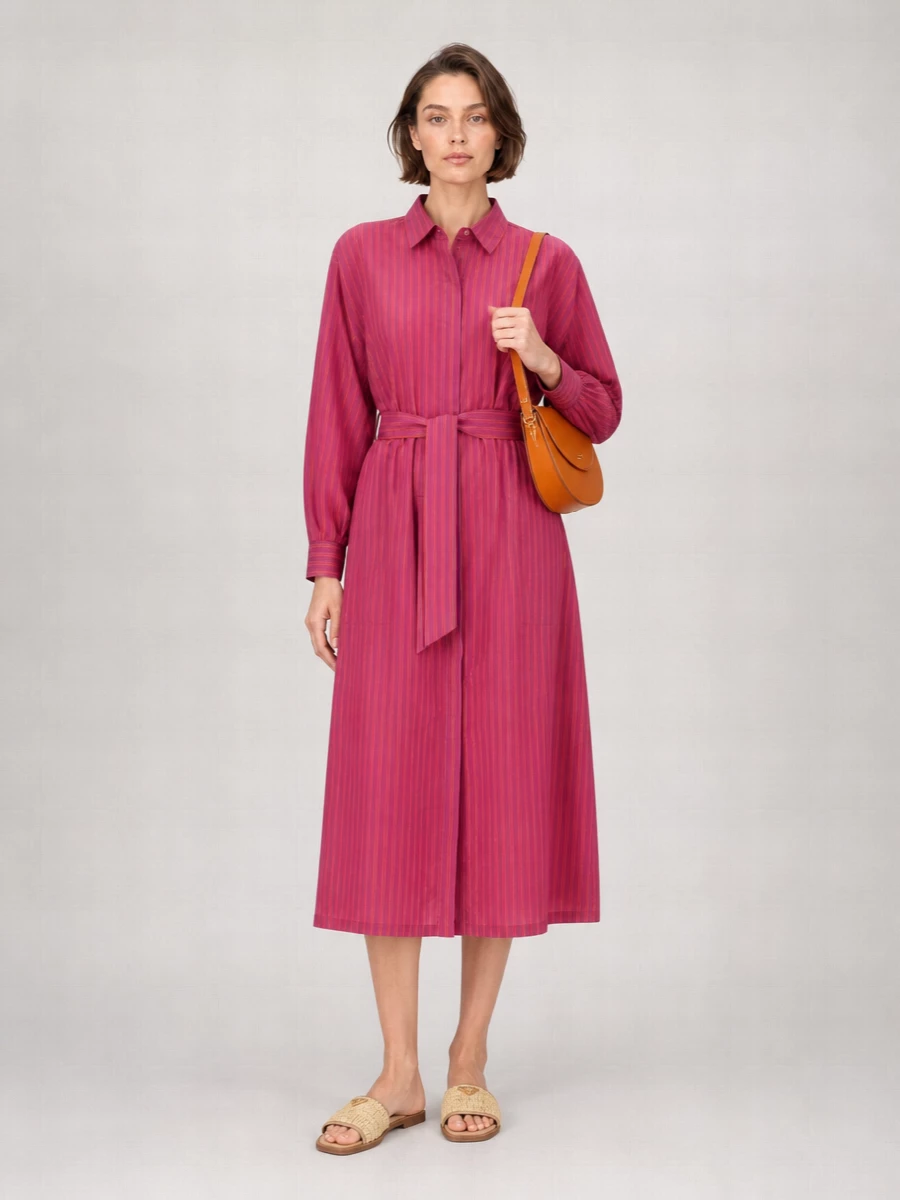 Max Mara Striped Cotton Silk Shirt Midi Dress