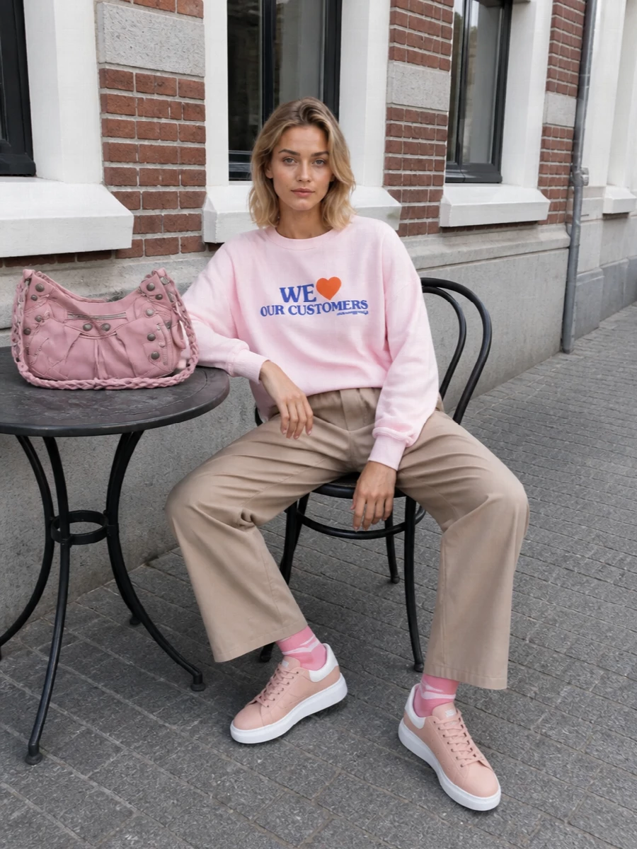 Alexander wang pink sweatshirt wide pants outfit