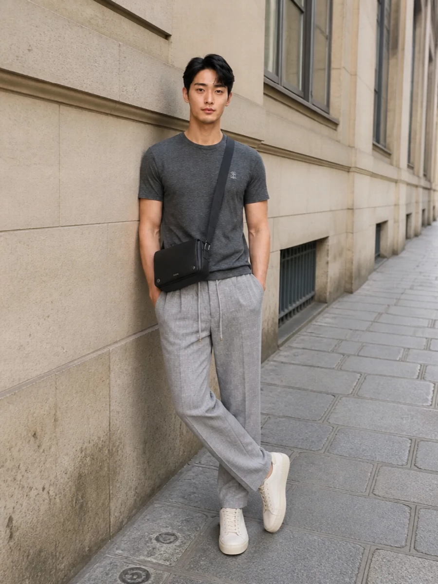 This look builds a tonal, quietly luxurious off-duty uniform around the charcoal Brunello tee, pairing it with light-grey drawstring trousers for a refined yet relaxed silhouette. Eggshell low-top sneakers introduce a subtle brightness that stays within the neutral palette, while the compact Loewe crossbody lends just enough structure and sophistication for city days or polished travel.