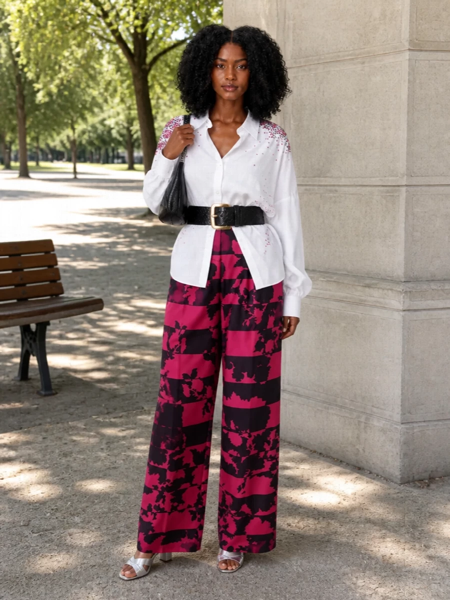 High-rise, wide-leg fuchsia and plum tailoring is grounded with a crisp, oversized white shirt scattered in coordinating jewel-toned embellishment. Silver mules and a black baguette with a bold chain keep the energy firmly after dark, balancing artistry with restraint. A wide black belt cinches the shirt just enough so the volume on top feels intentional against the dramatic trouser leg.