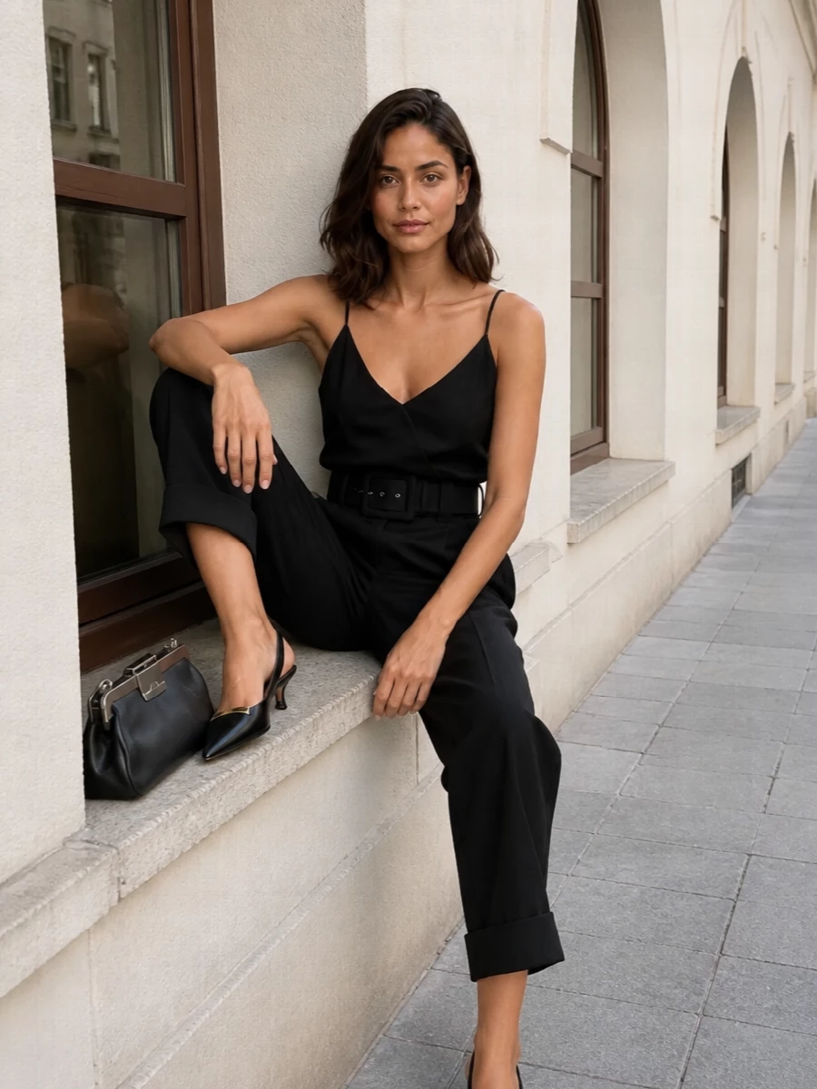 Max mara black camisole tailored trousers outfit