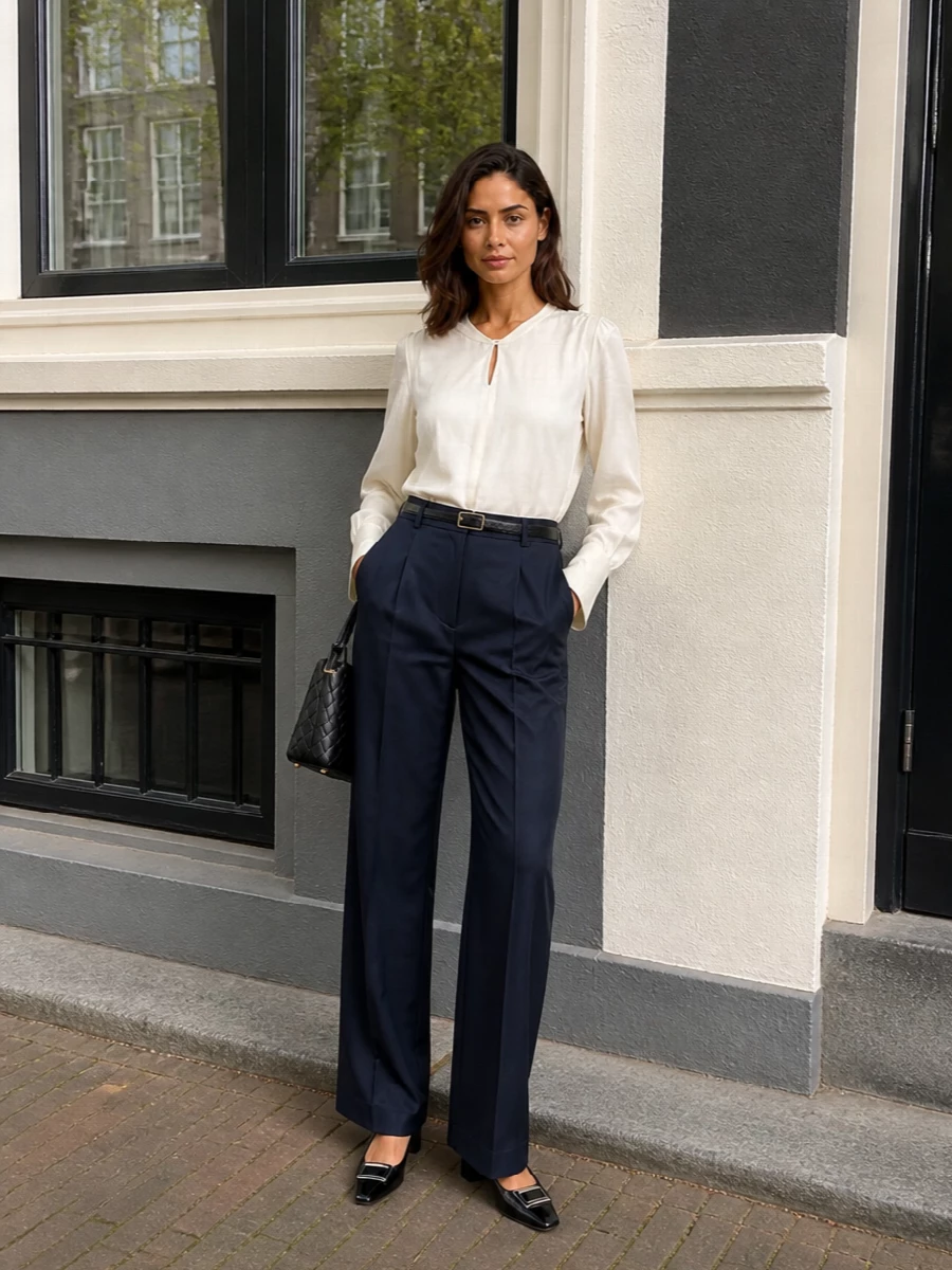 Victoria beckham navy trousers silk shirt outfit