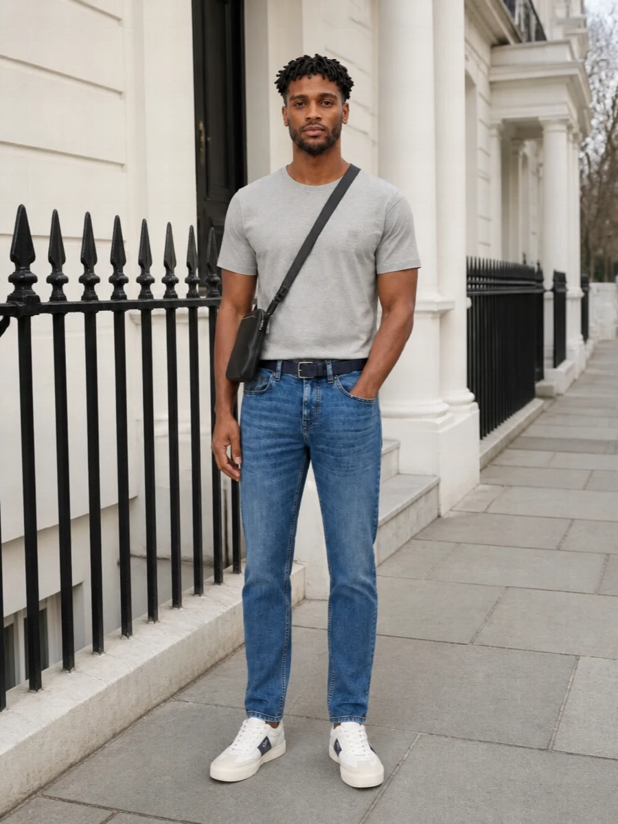 Light grey and mid-blue keep the palette calm, with the straight denim grounding the tee in an easy, modern way. Off-white and navy sneakers add just enough contrast, while the slim crossbody and navy belt give a clean, considered finish without disturbing the relaxed line.