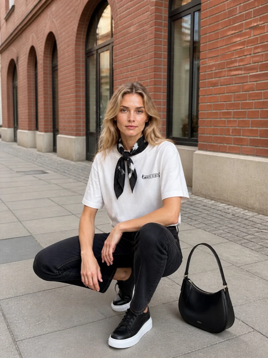 A crisp McQueen logo tee meets inky high-rise straight jeans for a monochrome base that feels clean, structured and easy. Chunky black-and-white sneakers keep the line modern and grounded, while a curved black baguette and slim logo scarf add just enough architecture and attitude without disturbing the quiet mood.