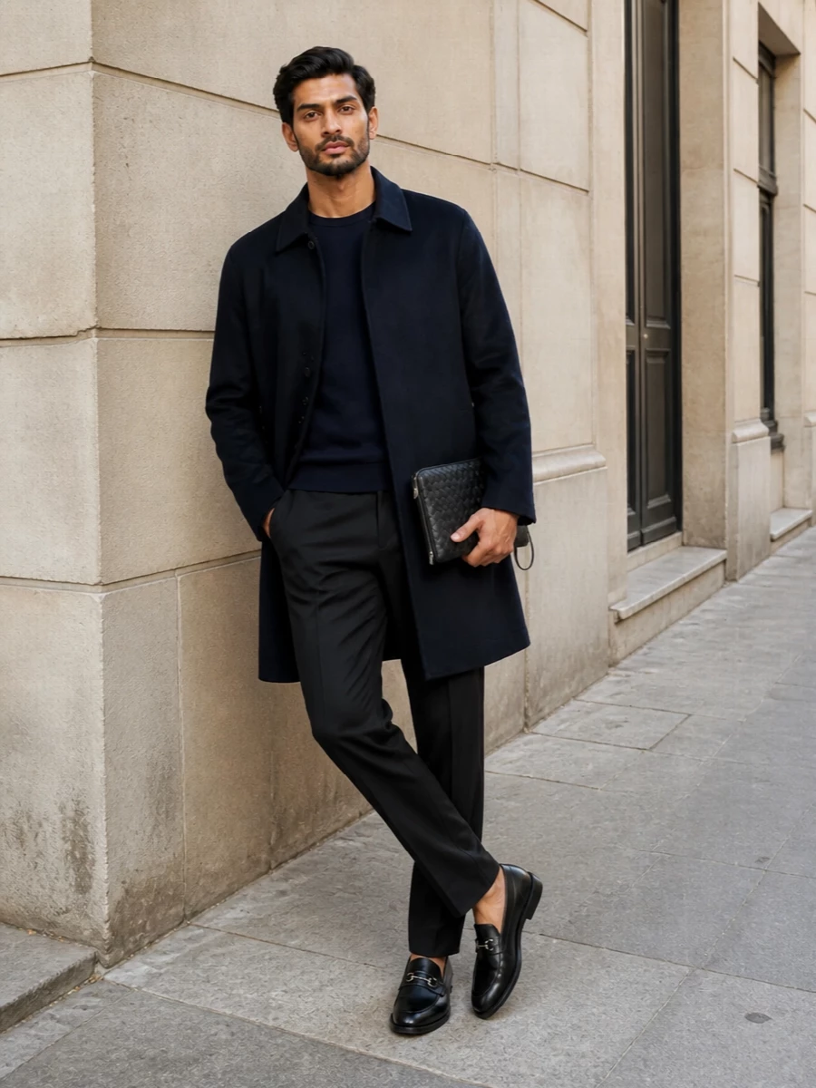 Gucci navy coat black tailored trousers outfit