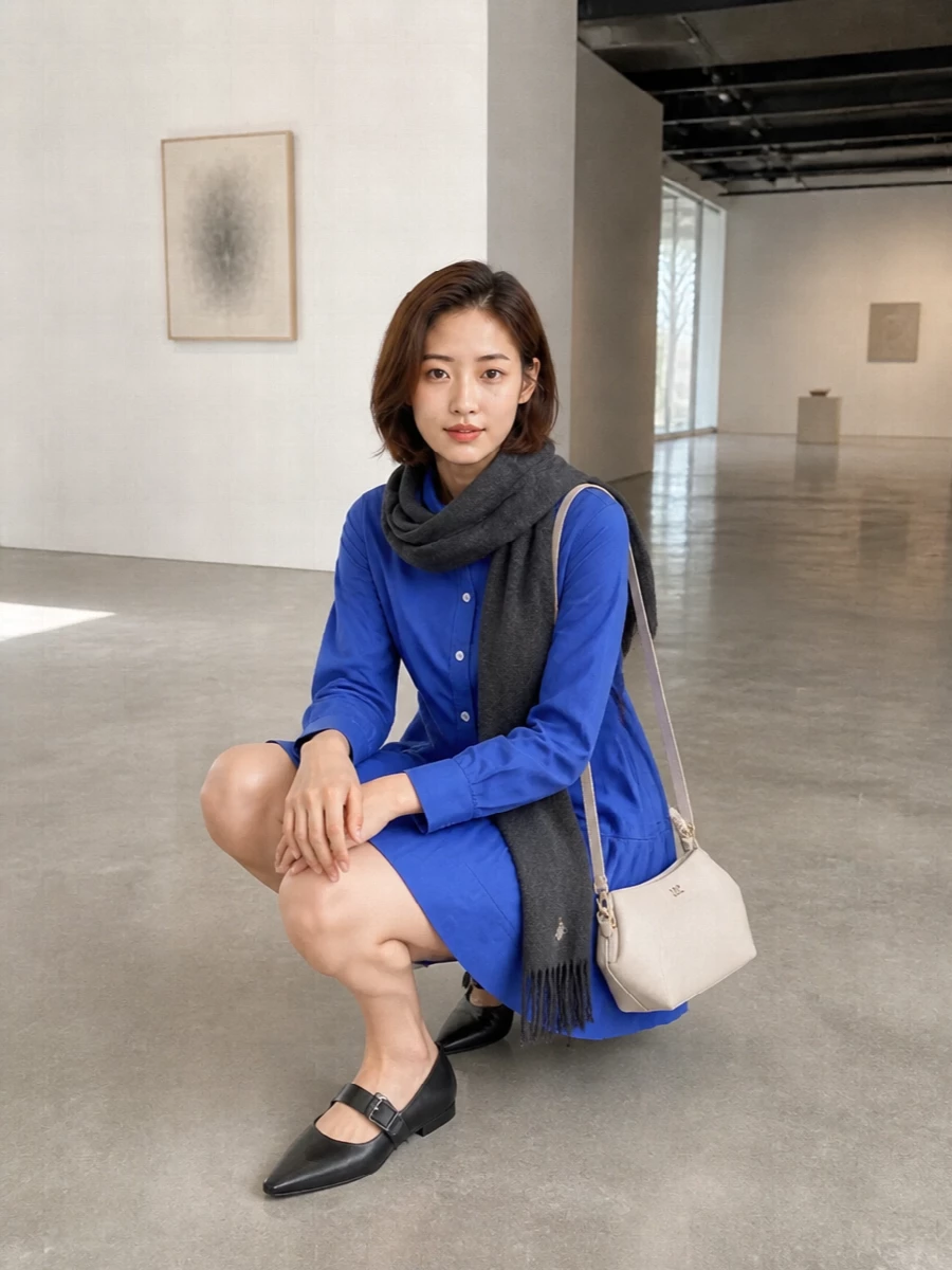 Ganni cobalt shirt dress black flats cream bag