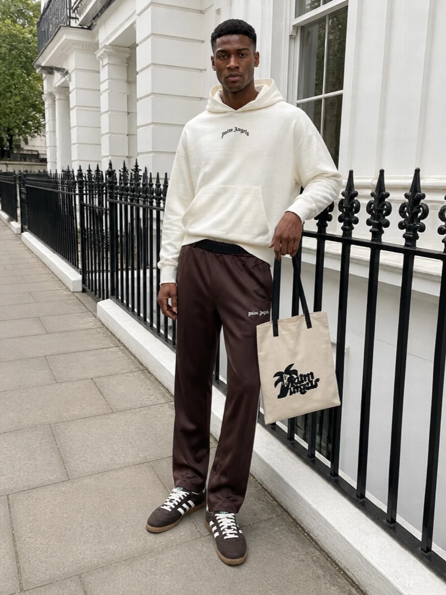 Palm angels brown track pants off white hoodie