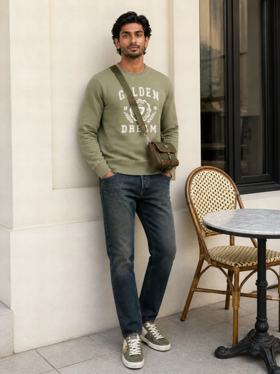 Golden goose sneakers khaki sweatshirt dark jeans