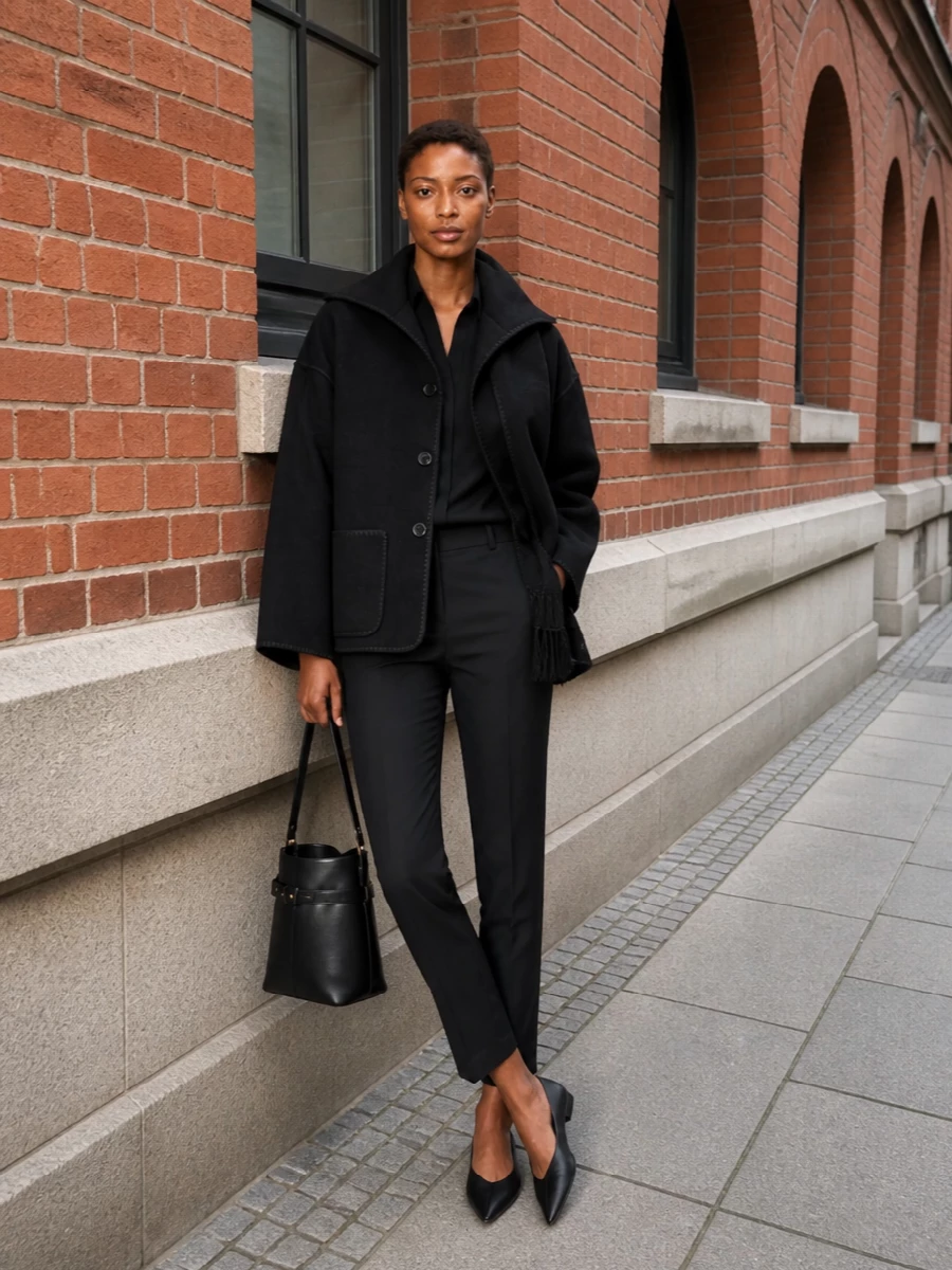 I am building around the jacket with the classic Totême formula of sharp black shirting and tailored trousers rather than a dress, so the outerwear reads as a true, versatile city layer. The result is an all-black, quietly structured silhouette, with a pointed flat to keep it grounded and a sculpted bucket bag to add just enough polish without breaking the minimal line. It is the kind of outfit that feels as right for a low-key client meeting as it does for late gallery hours.