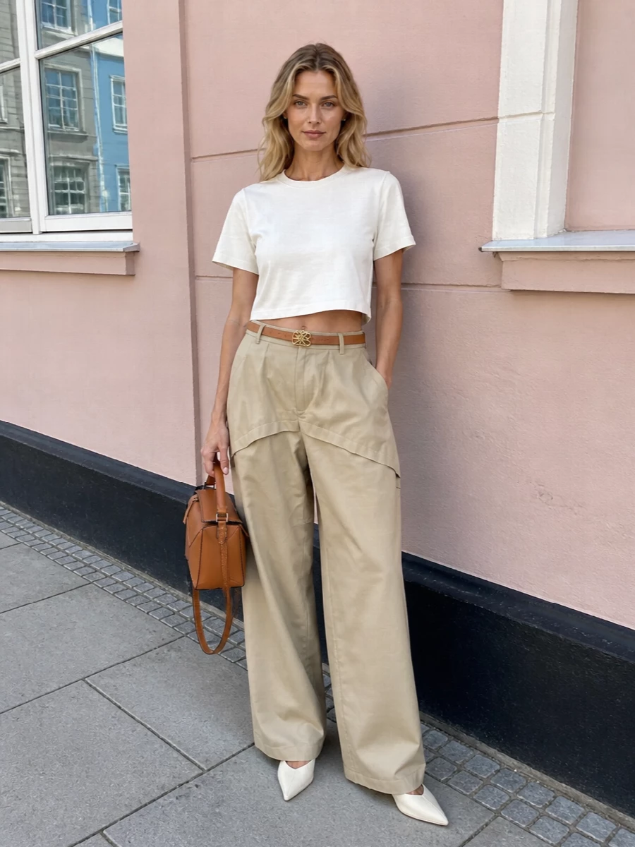 Loewe wide leg trousers cropped white tee outfit