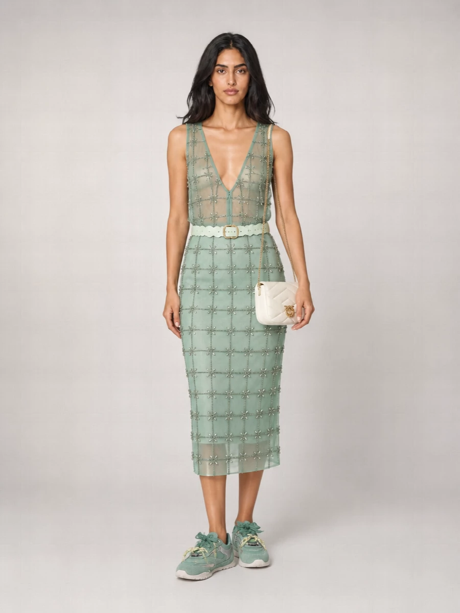 Pinko Embellished Tulle Sleeveless Boat Neck Top