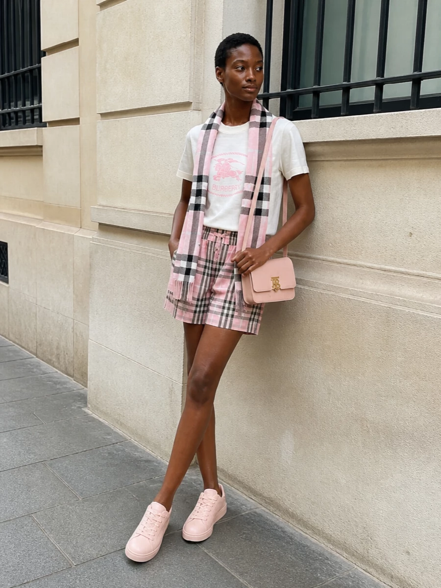 Burberry ivory logo t shirt check shorts outfit