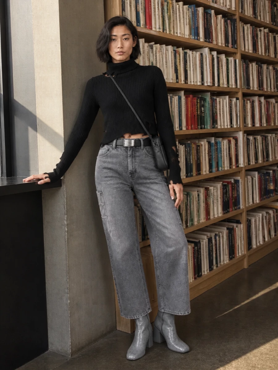 Haikure cargo jeans black knit grey ankle boots