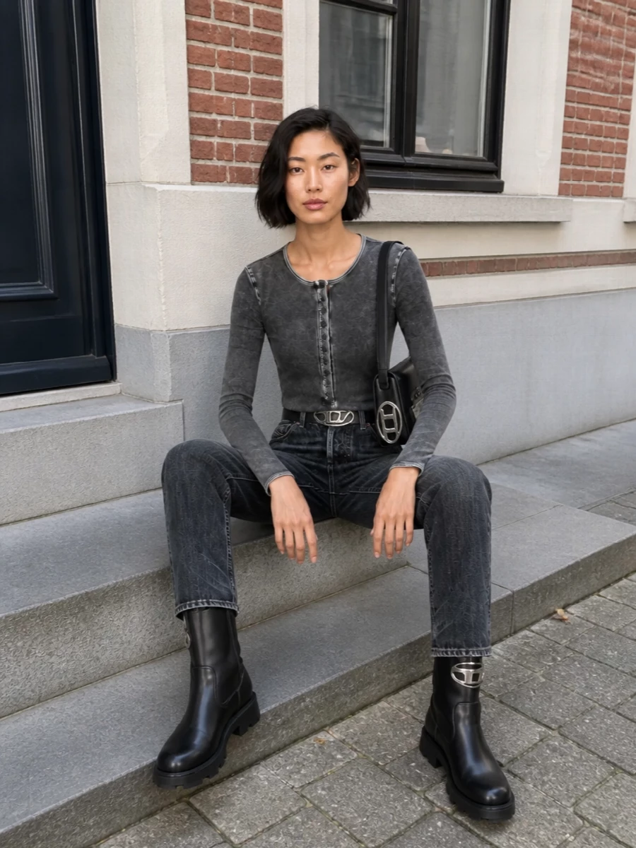 Diesel grey jeans charcoal bodysuit black boots