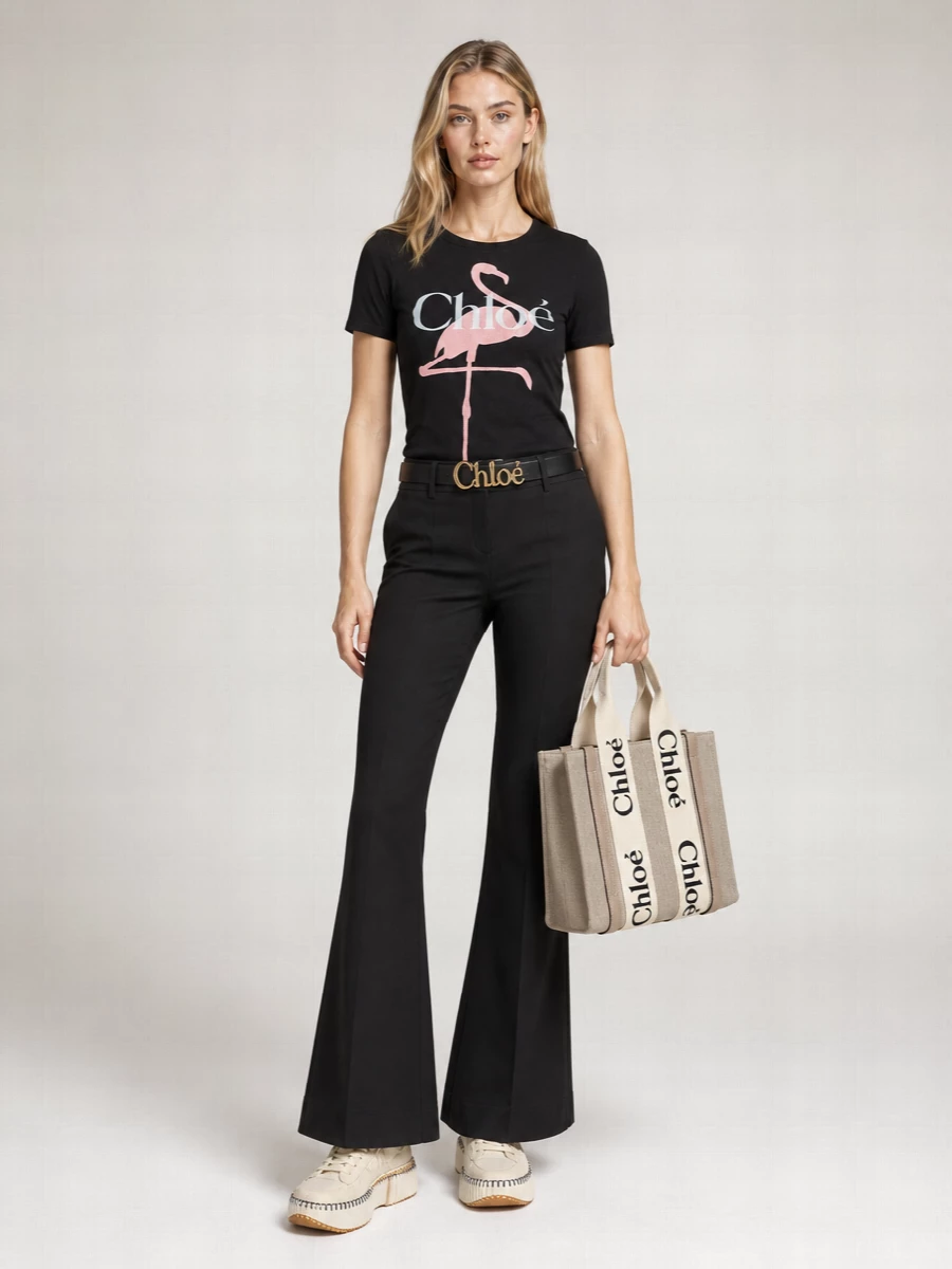 Chloé Cotton Flamingo Print Logo T-Shirt