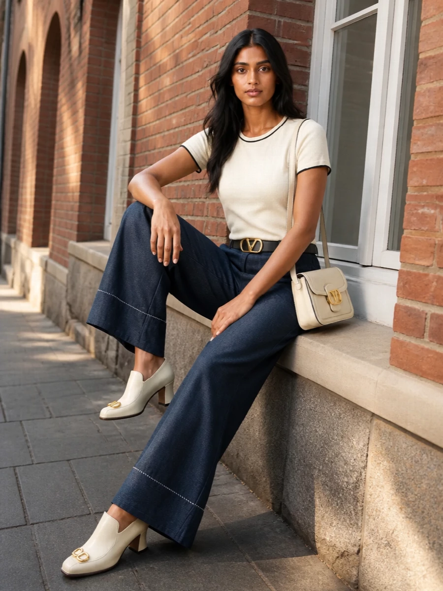 Valentino denim trousers cream boots ivory top