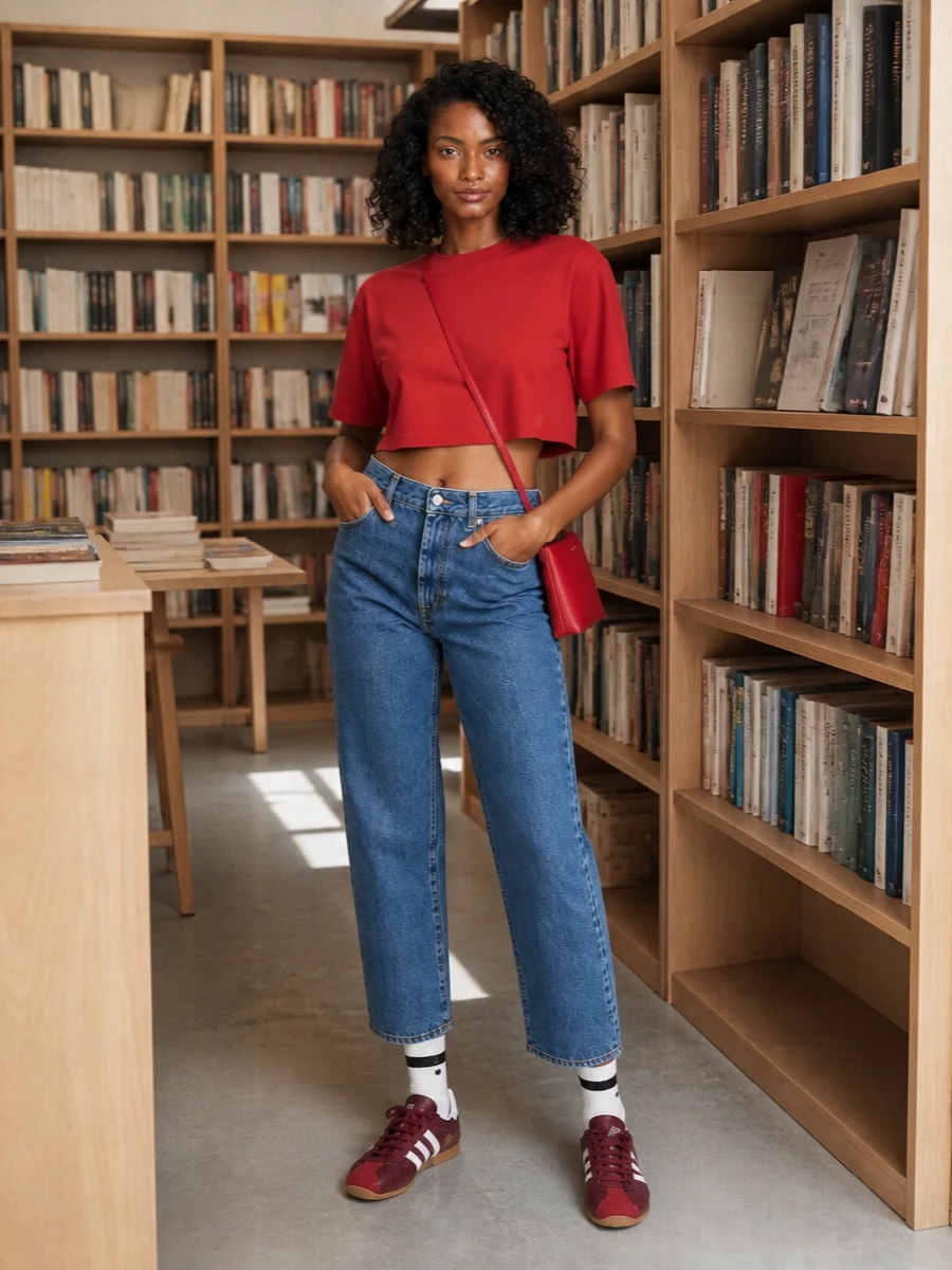 Loulou studio red cropped tee straight jeans outfit