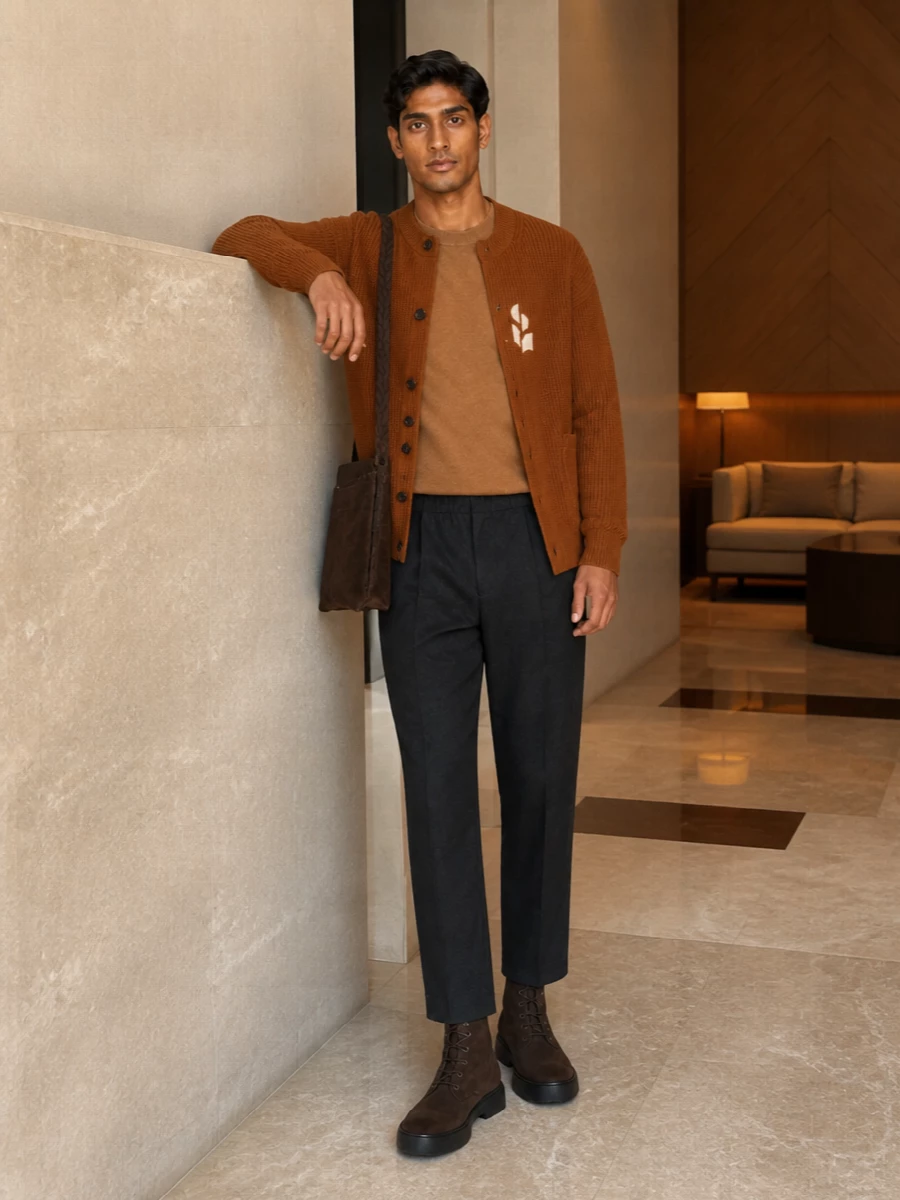 Isabel marant caramel cardigan charcoal trouser outfit