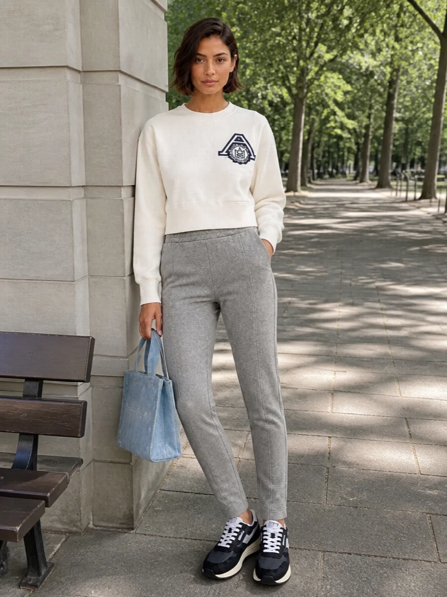 Navy Autry runners ground a cropped ivory varsity knit and slim grey track pant for a clean, sport-preppy outfit that still feels pulled together for the city. The slightly cropped top over a tapered leg keeps the proportions sharp, while the sun-faded denim tote adds a soft pop of blue and an easy, playful finish.