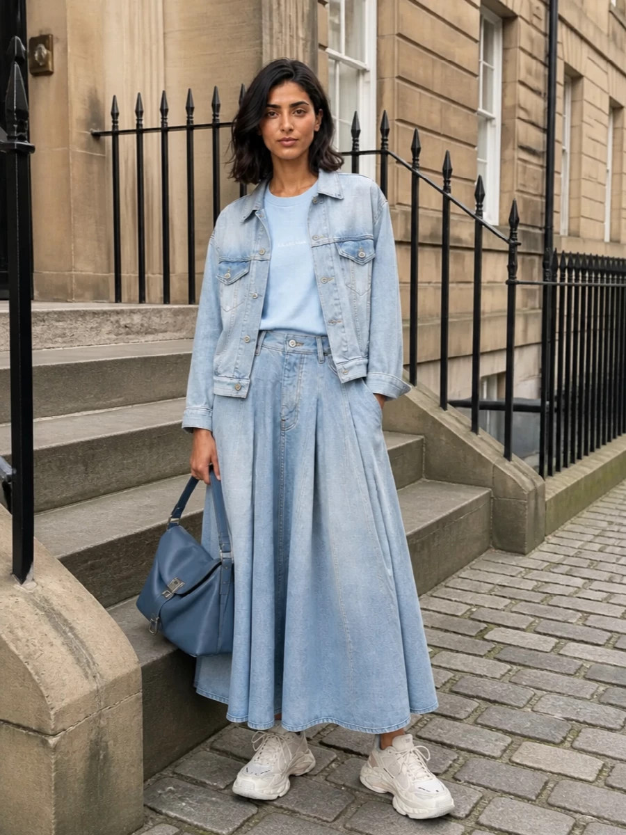 Balenciaga denim jacket pleated midi skirt outfit