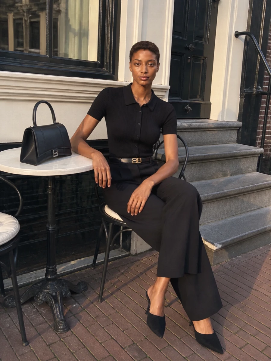 Balenciaga black ribbed polo wide leg trousers