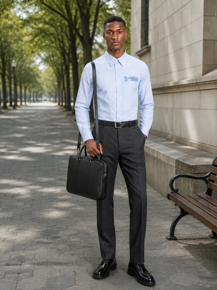 Givenchy pale blue shirt charcoal trousers outfit