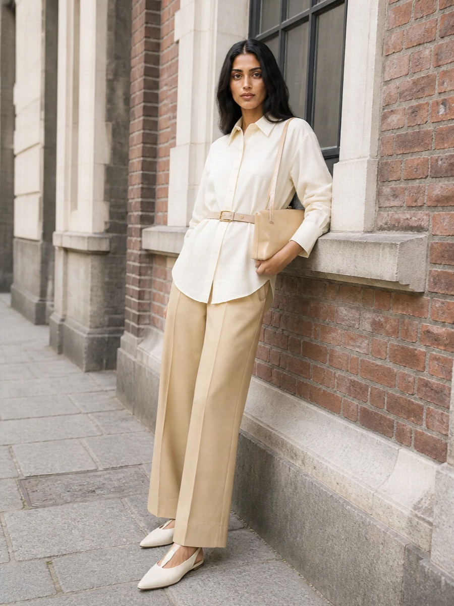 Jil sander wide leg trousers ivory shirt outfit