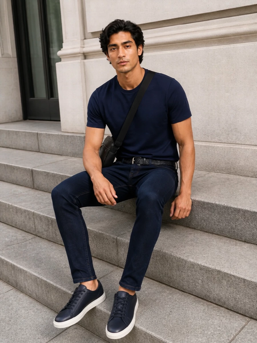 Boss navy tee dark slim jeans sneakers