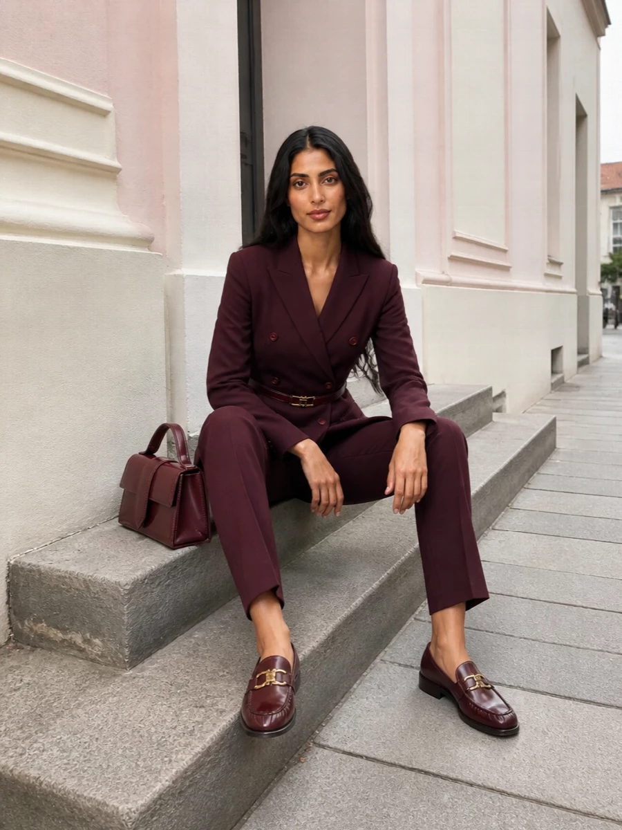 Le sully burgundy blazer tailored trousers outfit